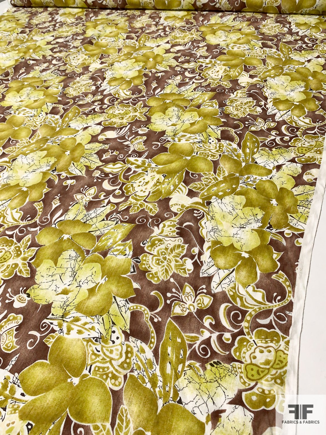 Floral Printed Linen - Chartreuse / Brown / Off-White