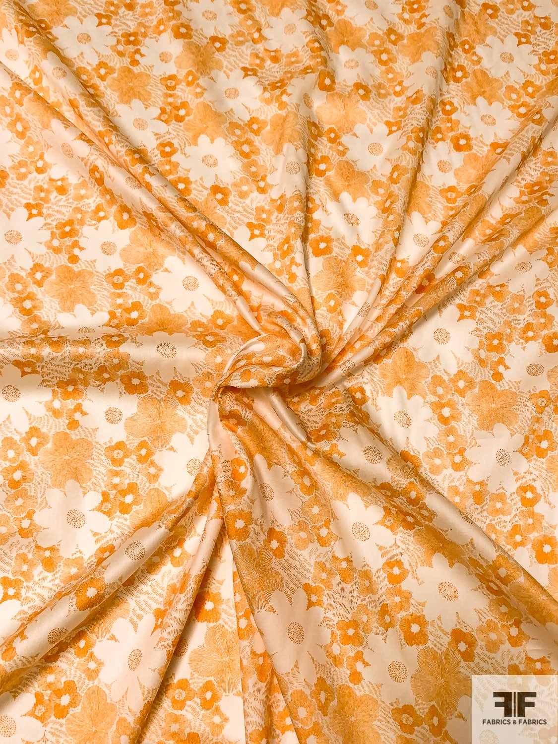 Italian Sketch Floral Printed Lightweight Fine Cotton Sateen - Orange / Off-White