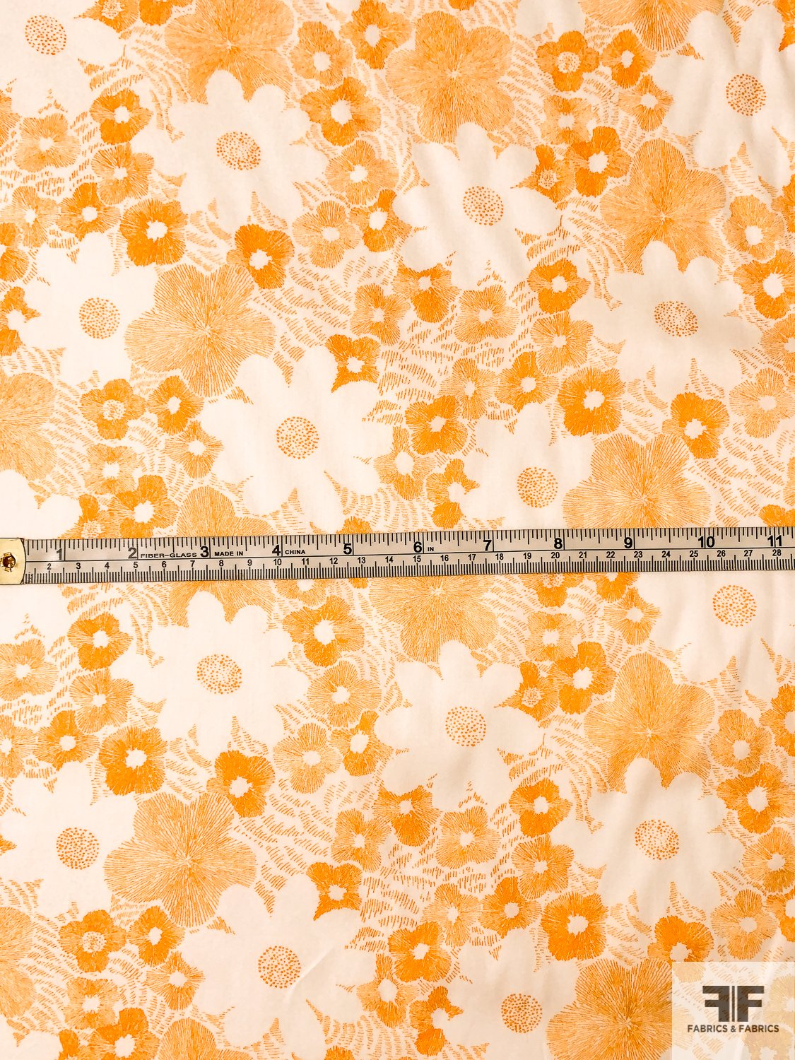 Italian Sketch Floral Printed Lightweight Fine Cotton Sateen - Orange / Off-White