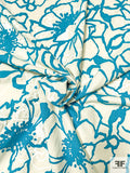 Graphic Floral Printed Linen-Weave Stretch Cotton - Turquoise / Bone / White