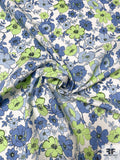 Floral Printed Slightly Textured Cotton Jacquard - Shades of Blue / Kiwi / Off-White