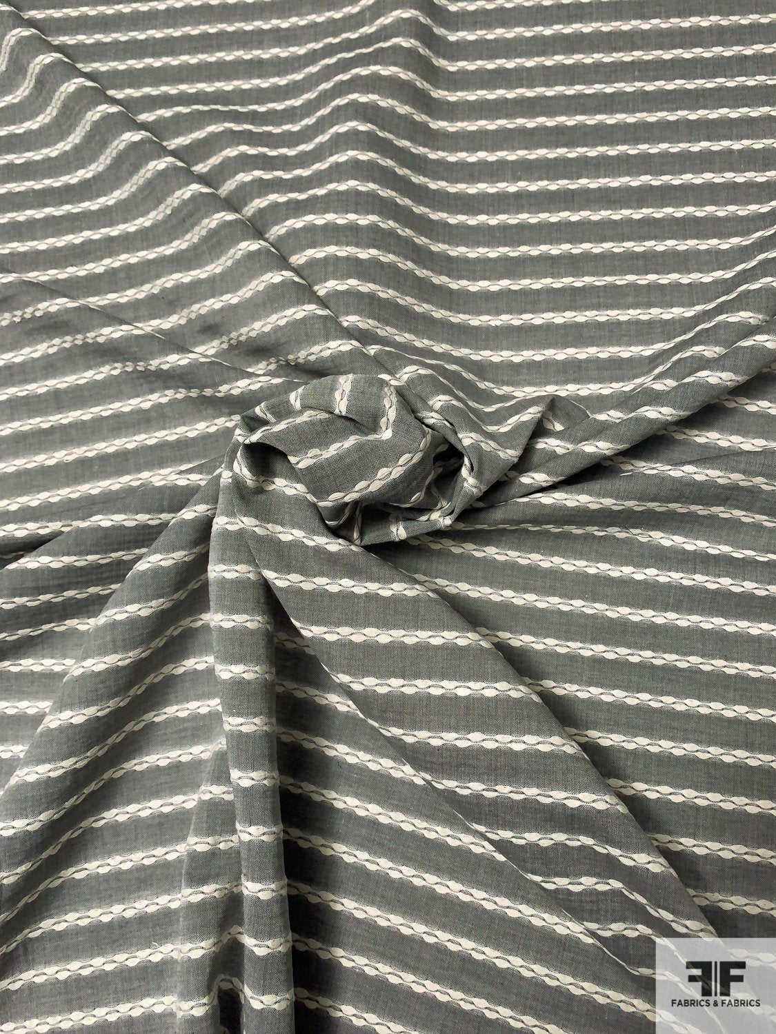 Novelty Cotton Shirting with Horizontal Braid Stripes - Slate Grey / Ivory