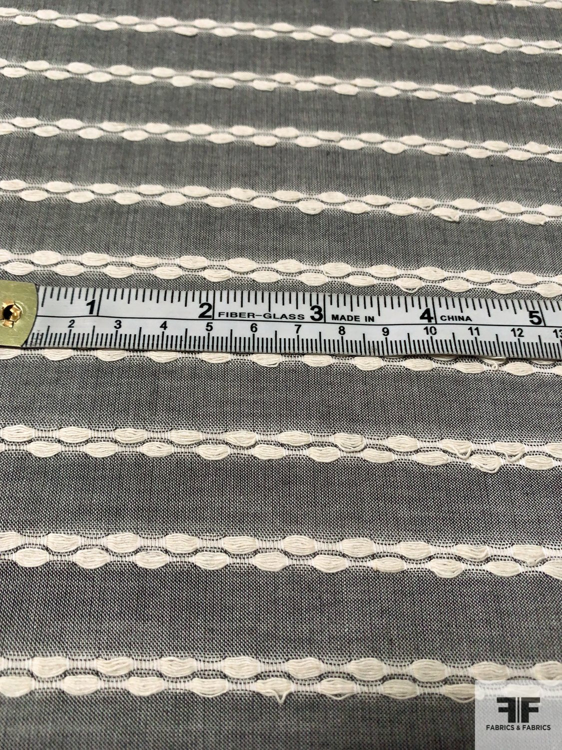 Novelty Cotton Shirting with Horizontal Braid Stripes - Slate Grey / Ivory