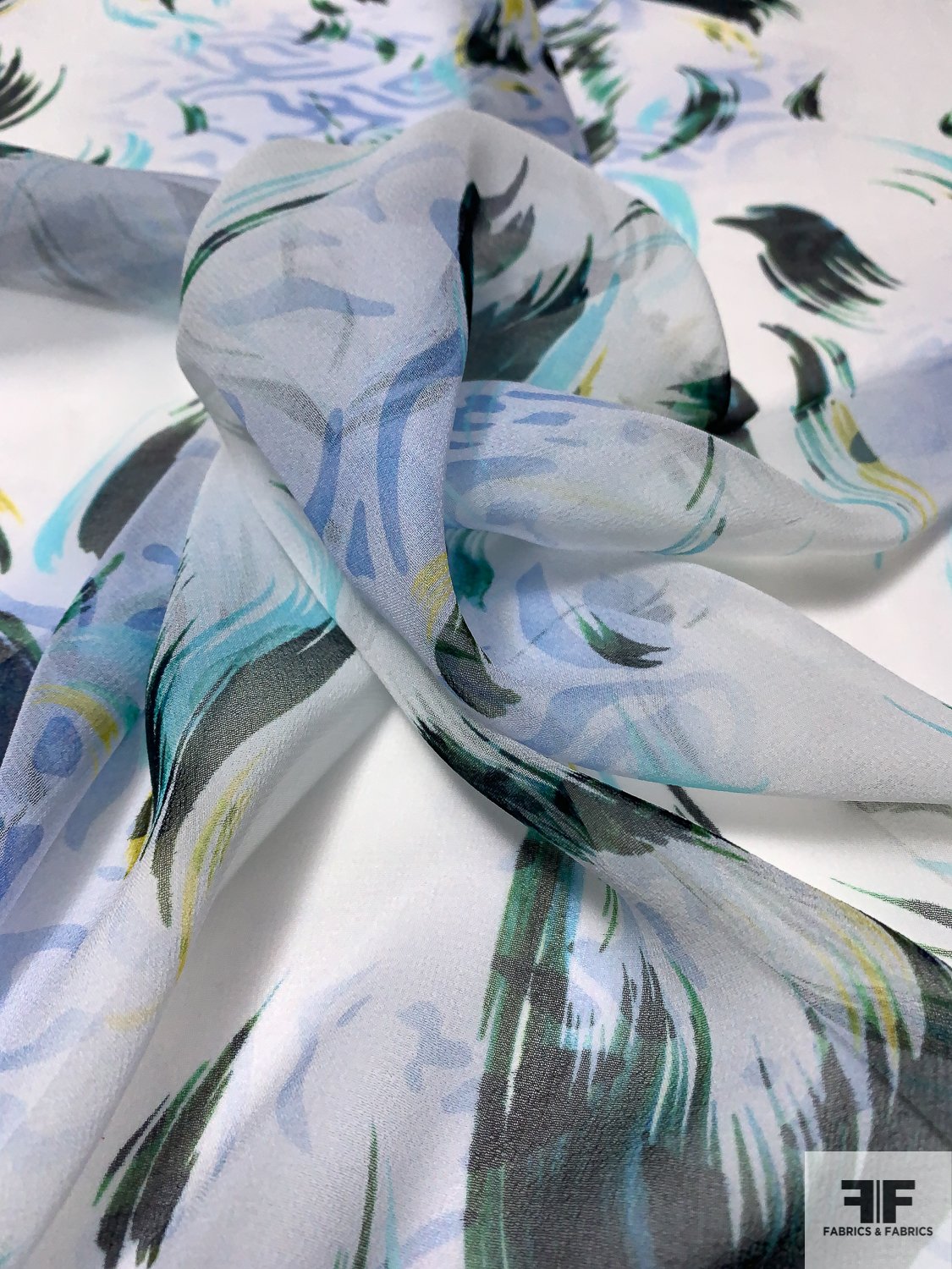 Painterly Brushstrokes Printed Silk Chiffon - Off-White / Seafoam / Periwinke / Black