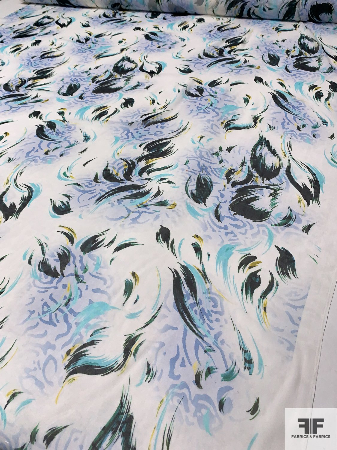 Painterly Brushstrokes Printed Silk Chiffon - Off-White / Seafoam / Periwinke / Black