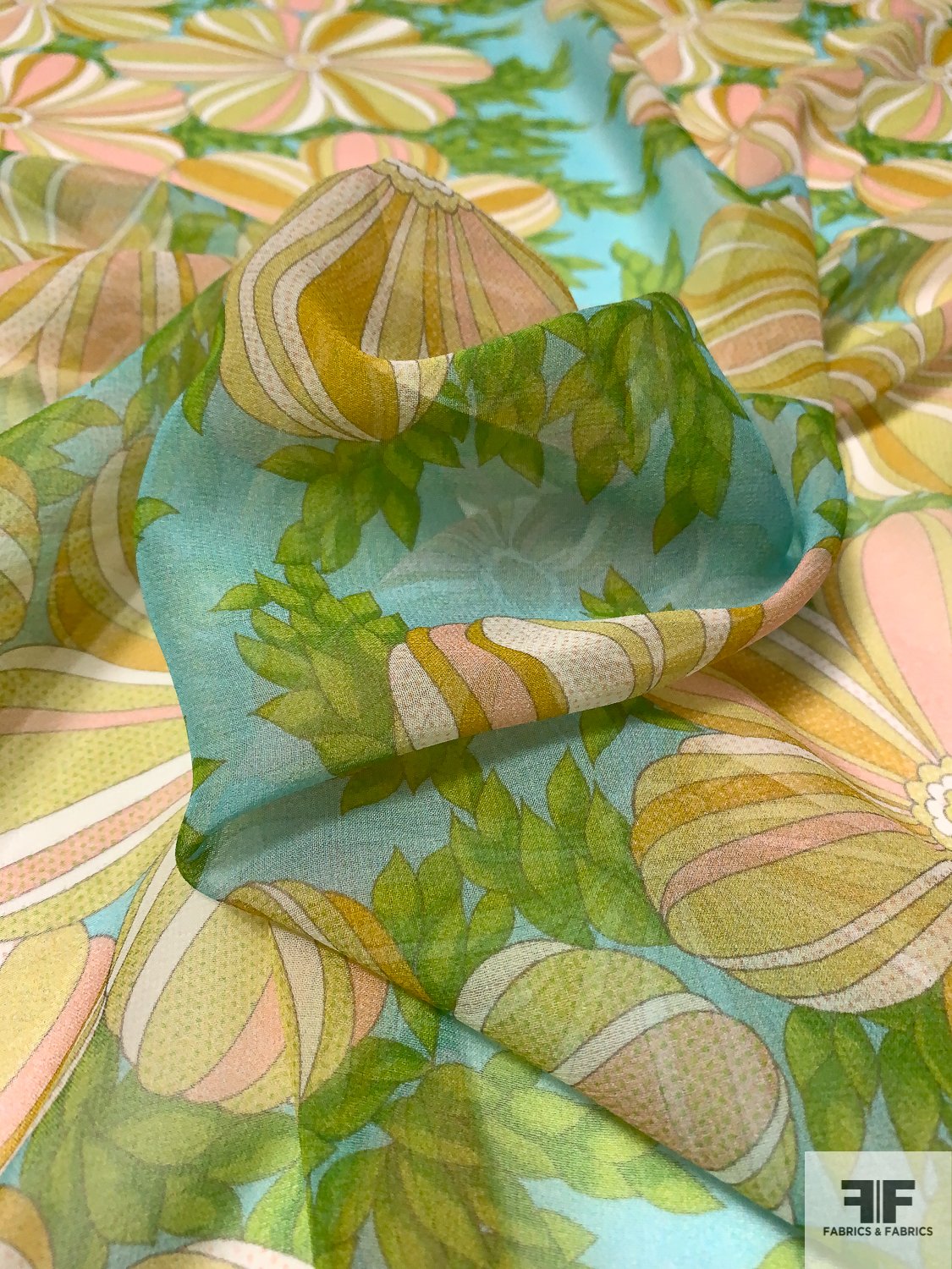 Floral Surrealism Printed Silk Chiffon - Seafoam / Green / Tans