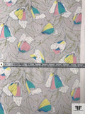 Playful Petals and Leaves Printed Silk Chiffon - Grey / Pink / Aqua / Yellow