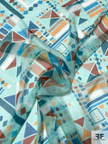Ethnic Geometric Printed Silk Chiffon - Aqua / Teals / Orange