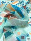 Ethnic Geometric Printed Silk Chiffon - Aqua / Teals / Orange