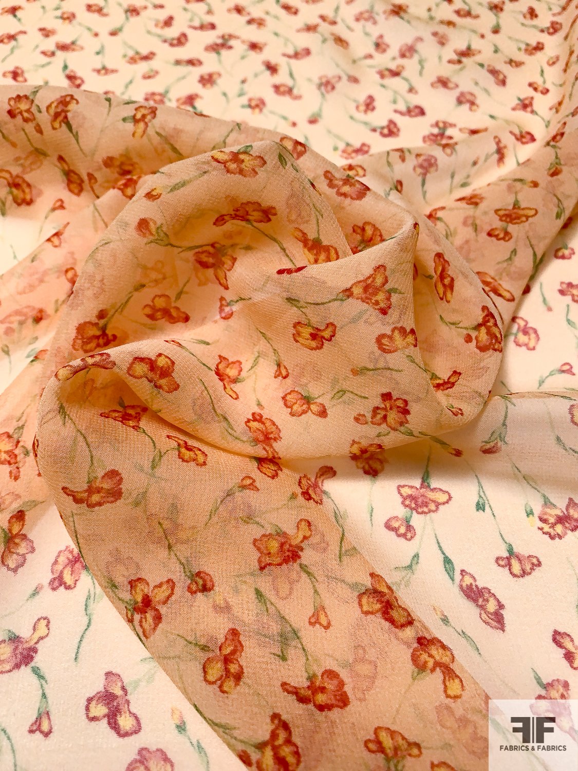 Dainty Floral Printed Silk Chiffon - Peach / Red / Yellow / Green