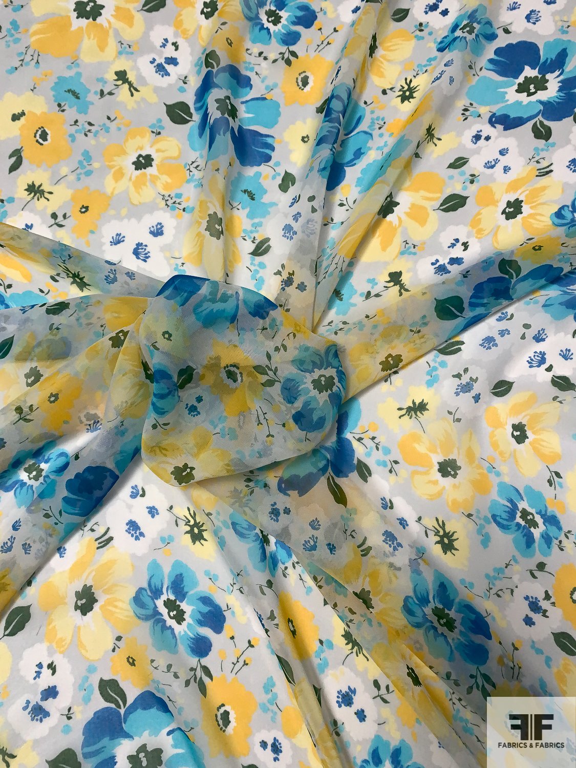 Floral Printed Silk Chiffon - Blue / Aqua / Yellows / Grey / White