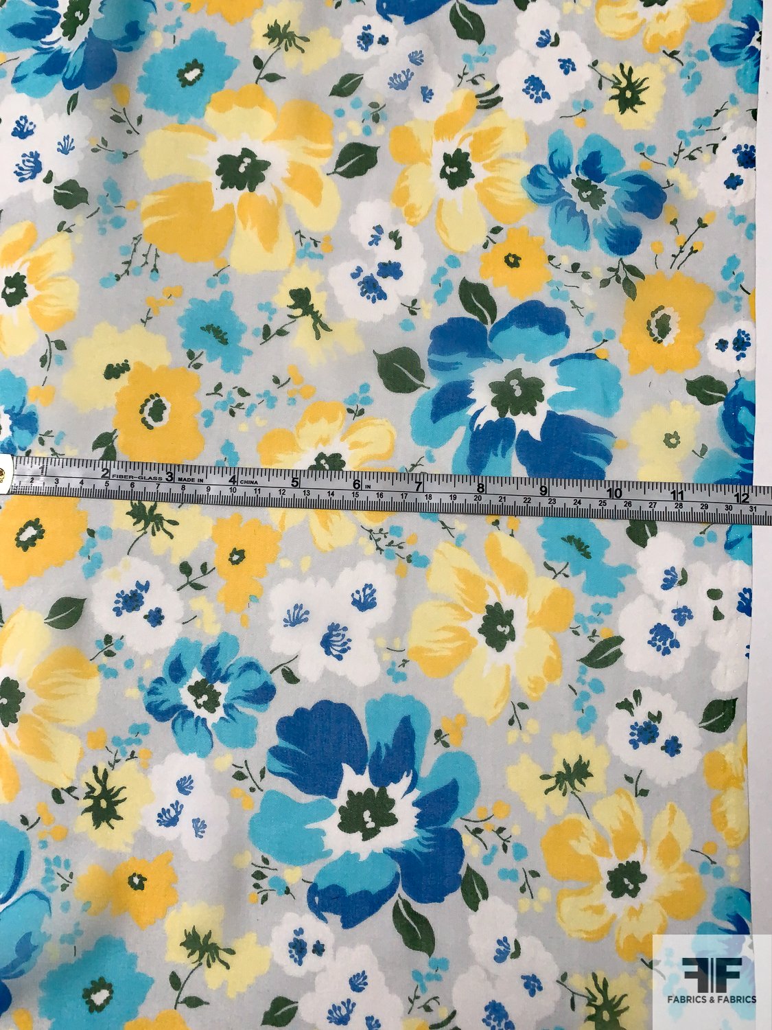 Floral Printed Silk Chiffon - Blue / Aqua / Yellows / Grey / White