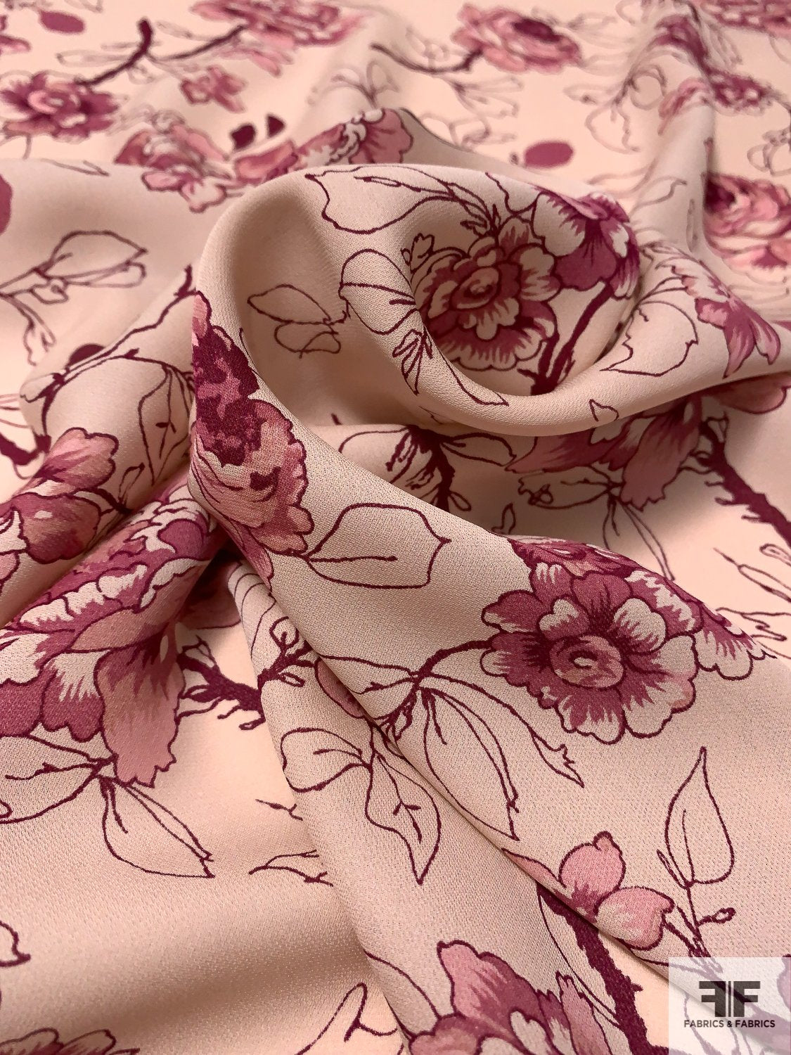 Floral Stems Printed Silk Georgette - Blush / Boysenberry