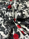 Romantic Floral Silhouette Printed Silk Charmeuse - Black / White / Cherry Red