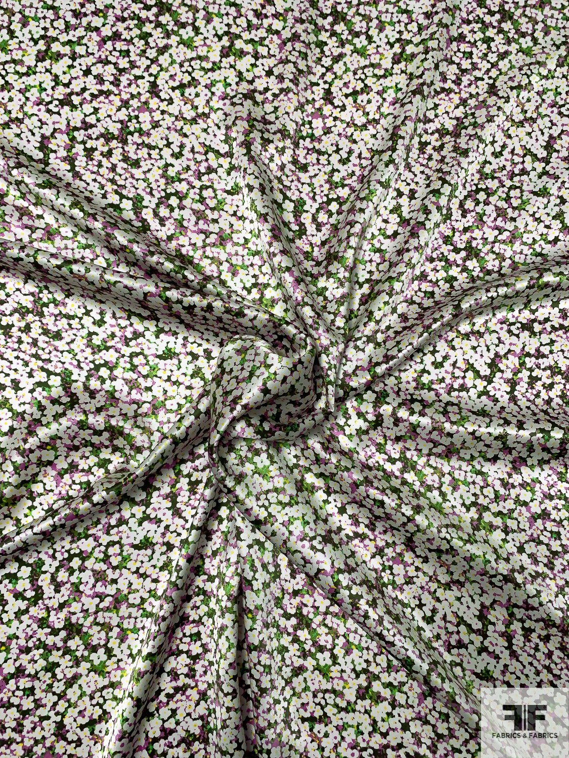 Dainty Floral Printed Silk Charmeuse - Green / Deep Fushcia Purple / Yellow / White