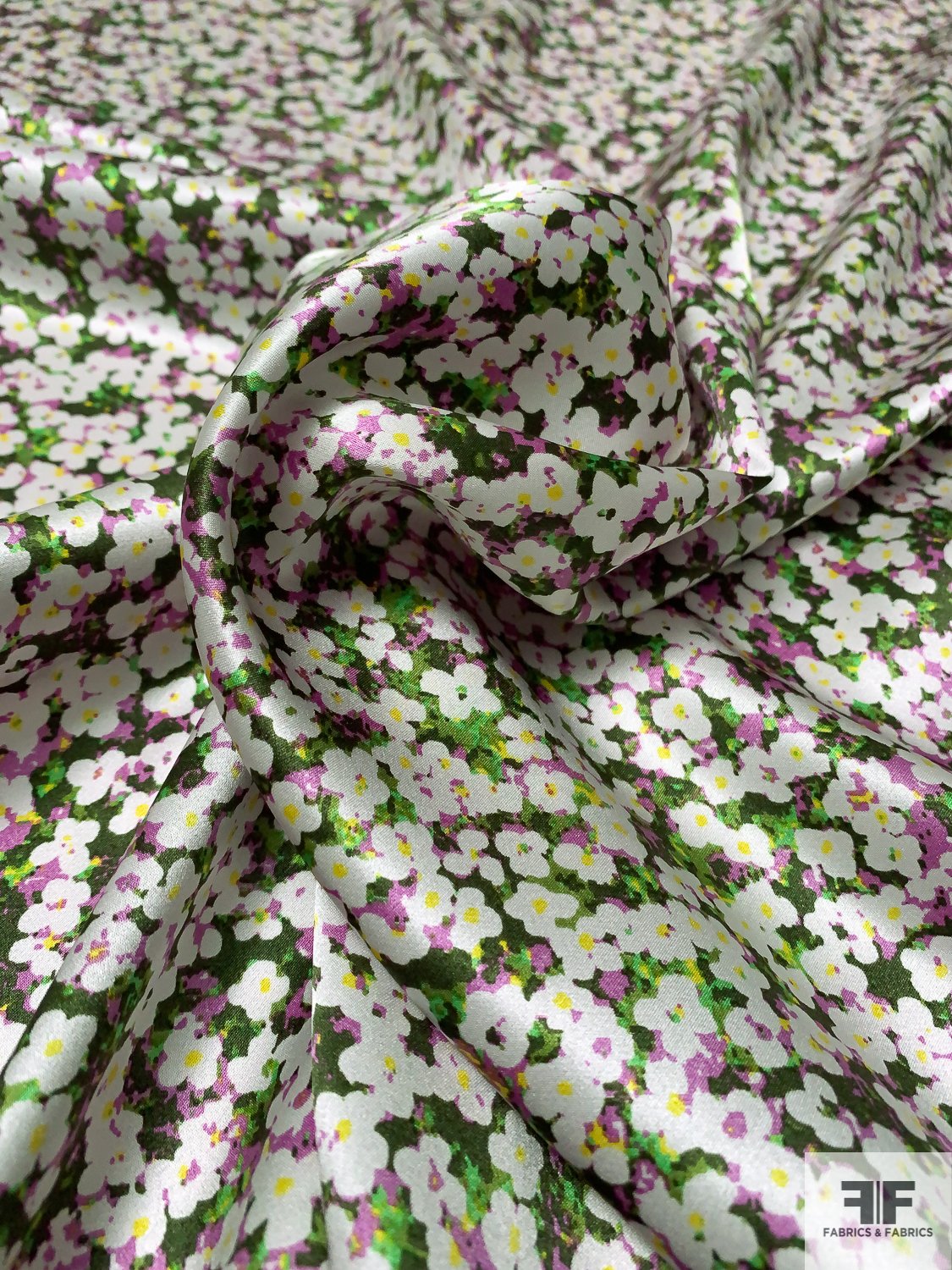 Dainty Floral Printed Silk Charmeuse - Green / Deep Fushcia Purple / Yellow / White