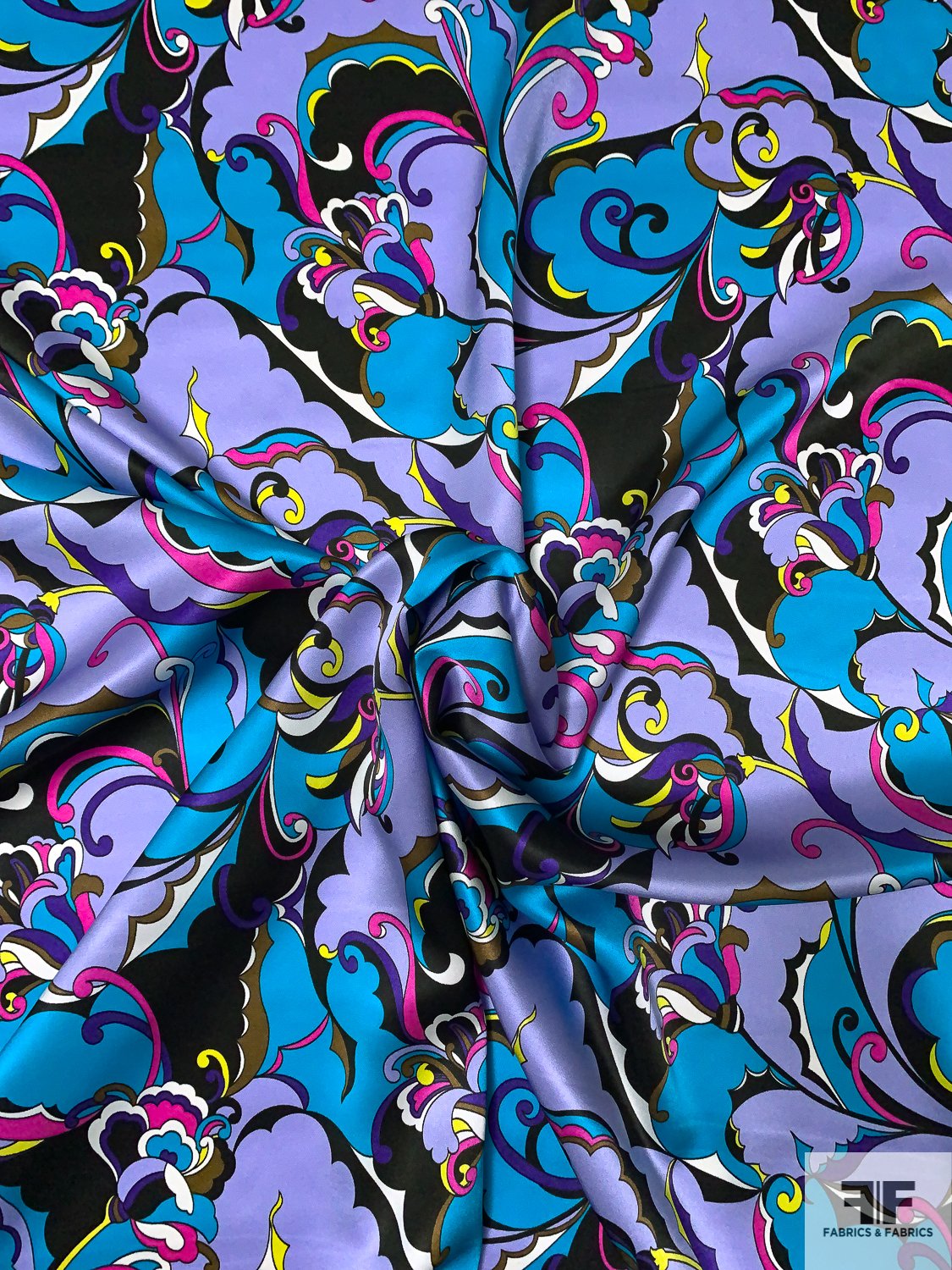 Pucci-esque Paisley-Like Printed Silk Charmeuse - Greys / Magenta / Pink -  Fabric by the Yard