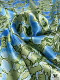Floral and Snakeskin Printed Silk Charmeuse - Blue / Light Green / Dark Green