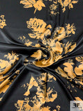 Romantic Floral Silhouette Bouquets Printed Silk Charmeuse - Black / Golden Yellow