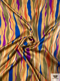 Wavy Drip Striations Printed Silk Charmeuse - Mustard / Blue / Olive / Hot Purple