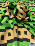 Horizontal Ethnic-Pixel Striped Printed Silk Charmeuse - Neon Green / Soft Yellow / Black