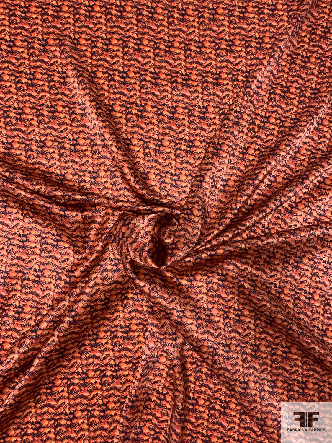 Fine Abstract Printed Silk Charmeuse - Deep Coral-Orange / Black