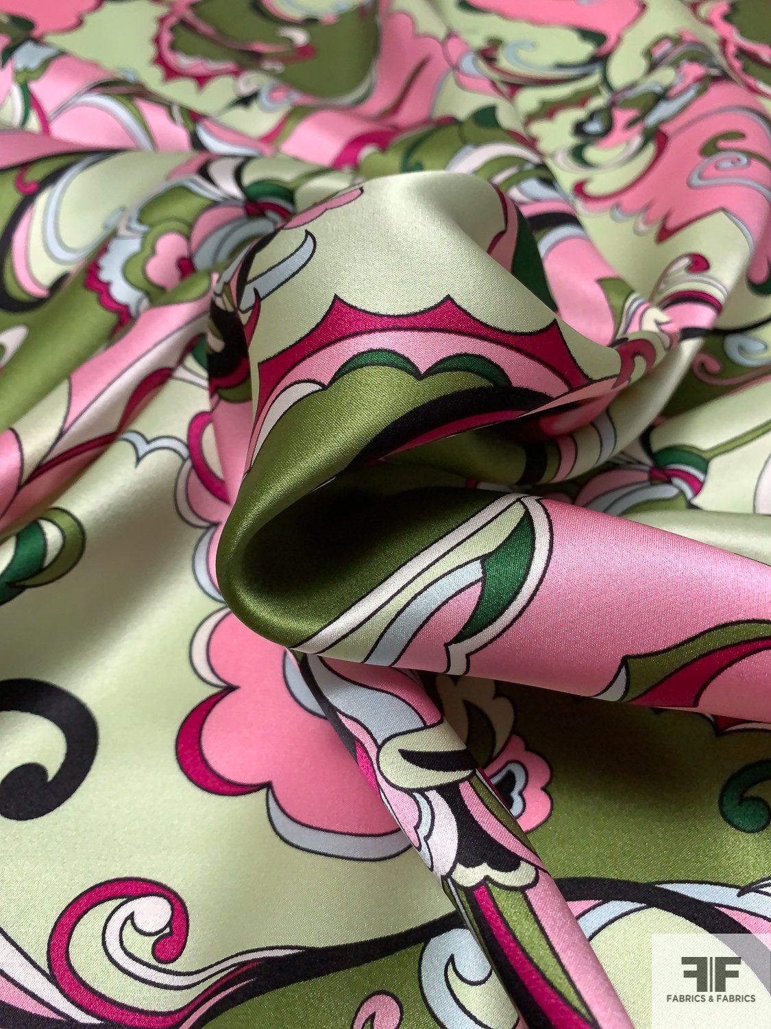 Pucci-esque Paisley-Like Printed Silk Charmeuse - Olive Green / Light Green  / Pink Magenta - Fabric by the Yard