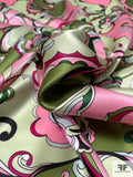 Pucci-esque Paisley-Like Printed Silk Charmeuse - Olive Green / Light Green / Pink Magenta