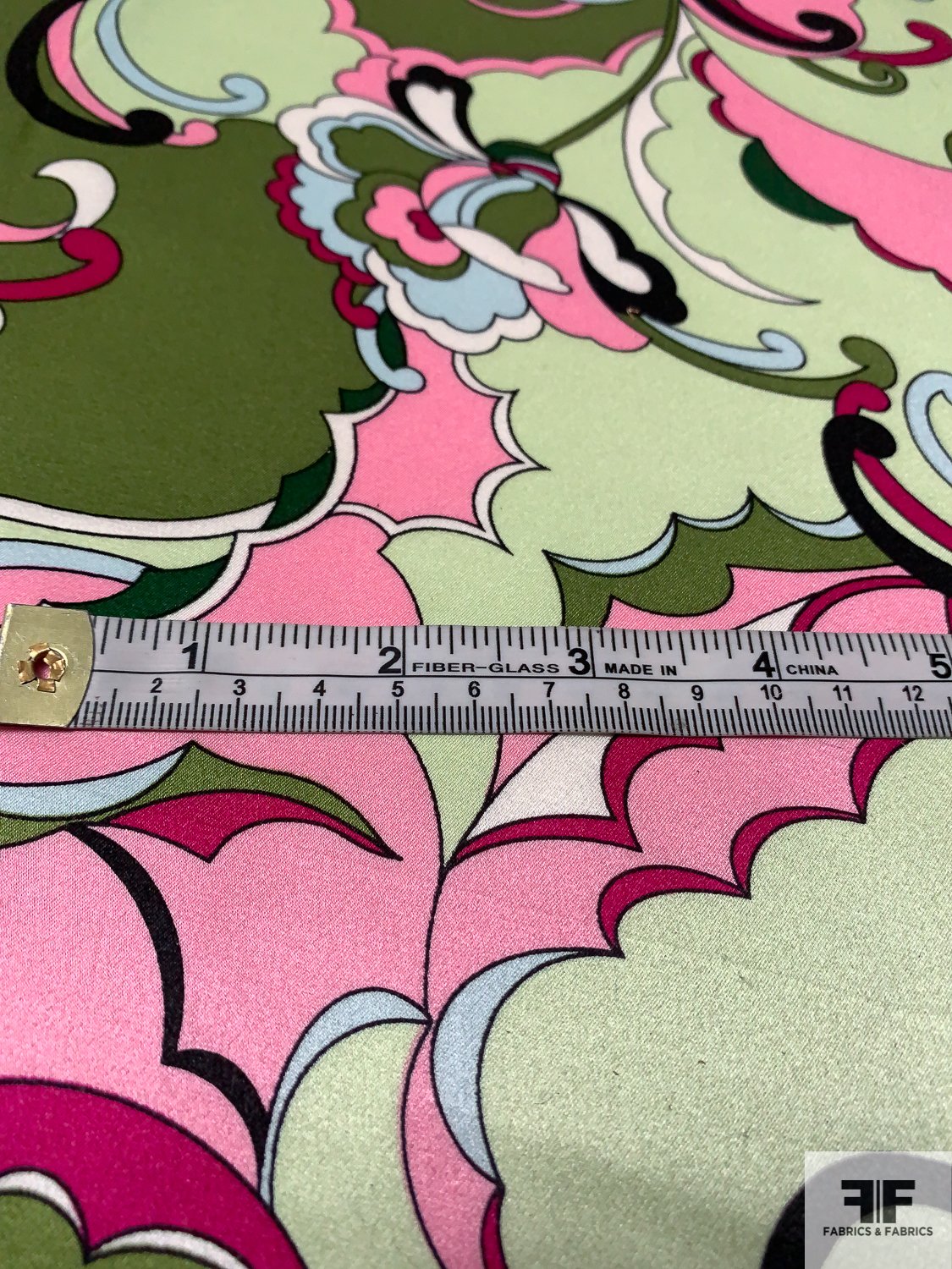Pucci-esque Paisley-Like Printed Silk Charmeuse - Olive Green / Light Green  / Pink Magenta - Fabric by the Yard