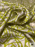 Scribbly Floral Printed Silk Charmeuse - Lime Green / Ivory / Grey