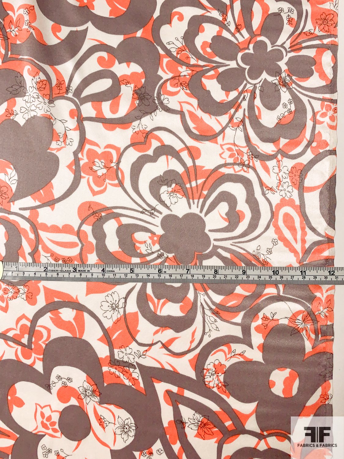 Groovy Floral Printed Silk Charmeuse - Coral / Grey-Brown / Ivory