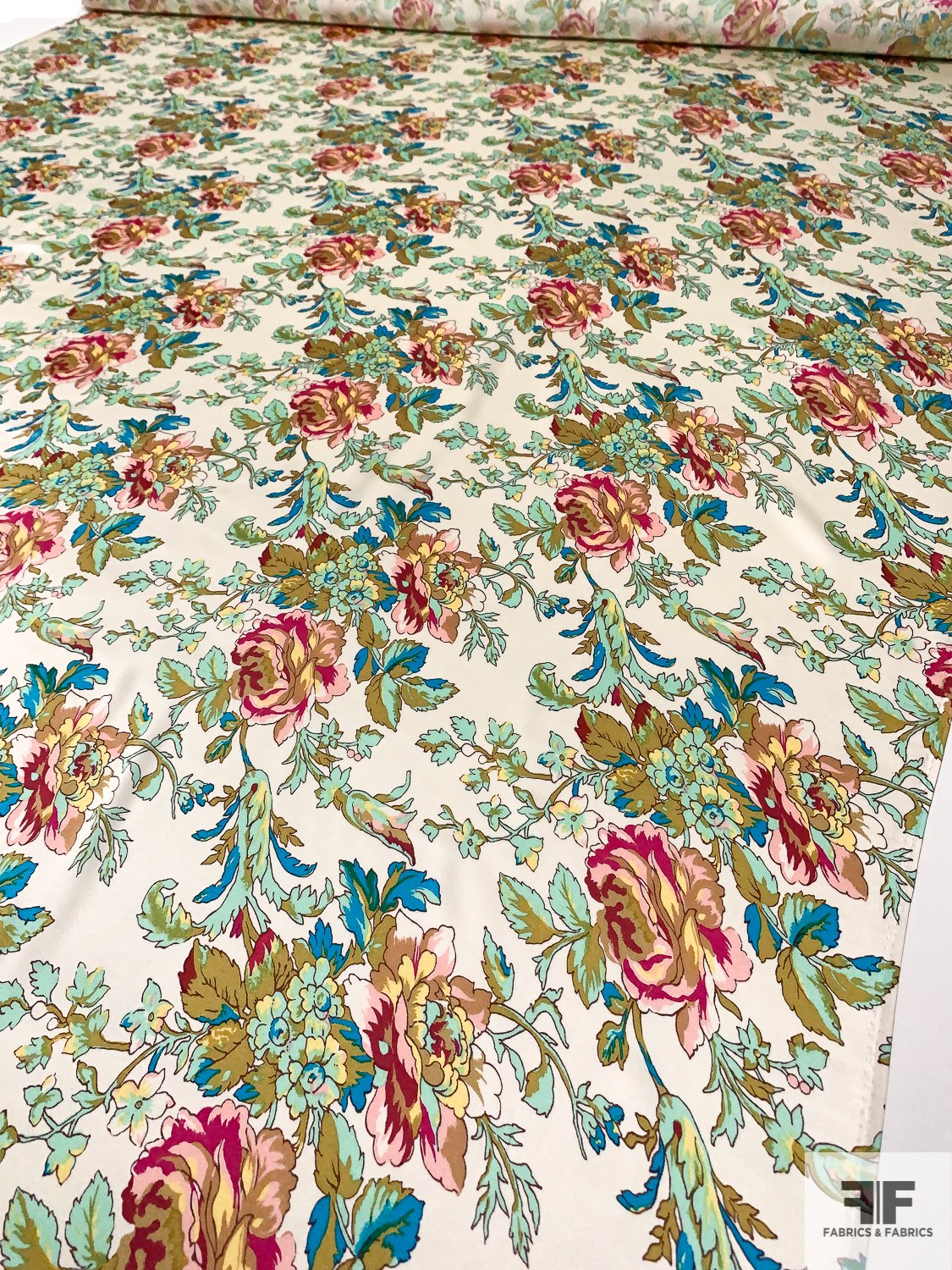 Springy Floral Printed Silk Charmeuse - Seafoam / Turquoise / Magenta / Pink