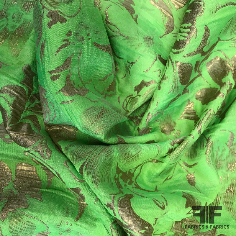Tropical Floral Metallic Brocade - Neon Green/Gold - Fabrics & Fabrics