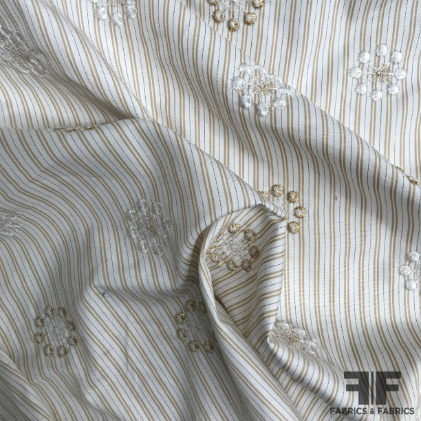 Striped & Embroidered Cotton Shirting - Beige/Gold