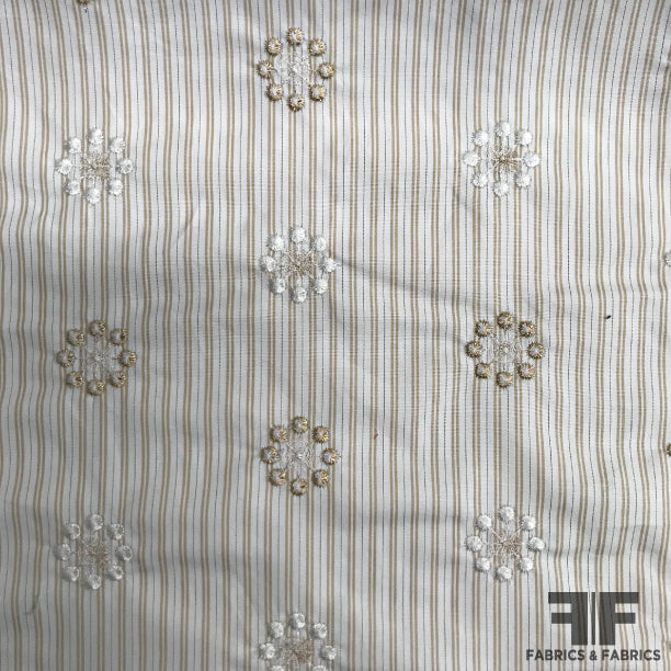 Striped & Embroidered Cotton Shirting - Beige/Gold