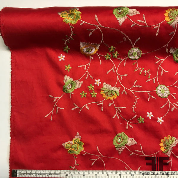 Red Bold Floral Embroidered Cotton - Fabrics & Fabrics