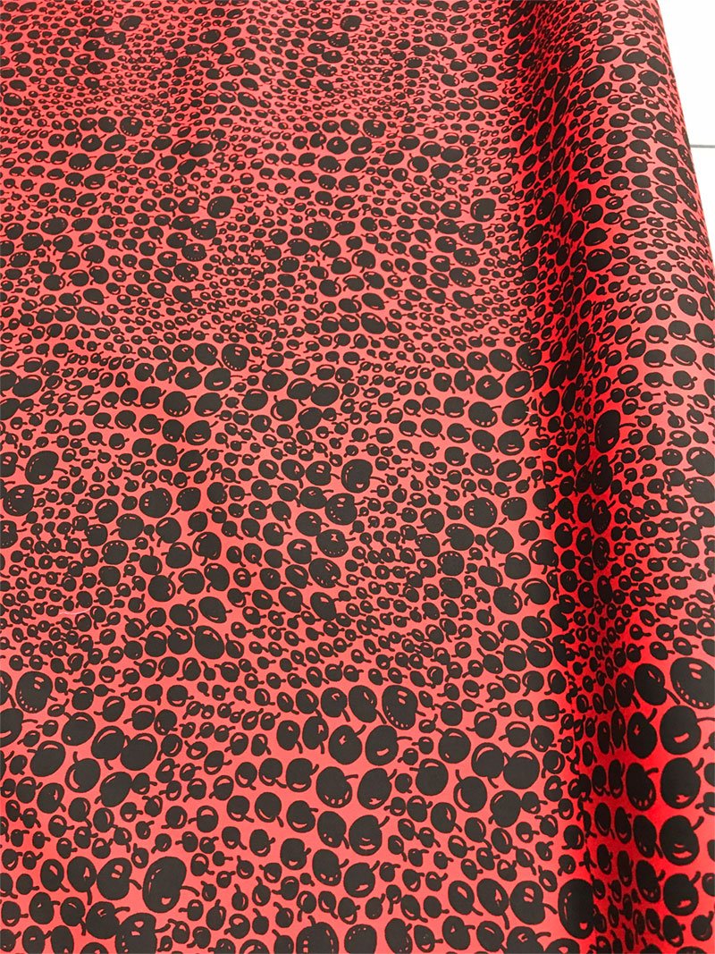Hand-Drawn Cherry Printed Stretch Cotton Sateen Panel - Red / Black