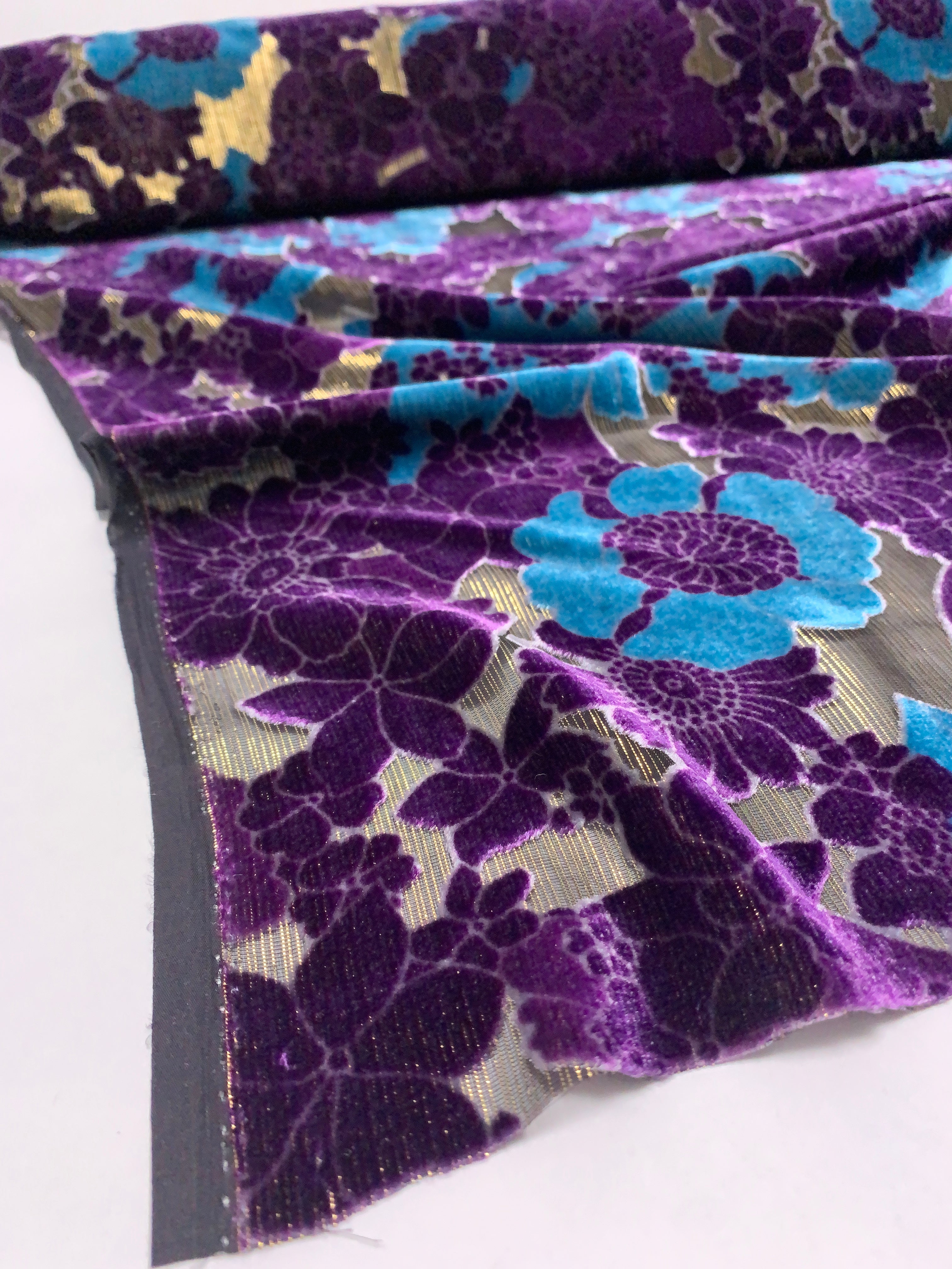 Anna Sui Floral Cut Velvet on Metallic Silk Chiffon - Violet/Blue/Black/Gold