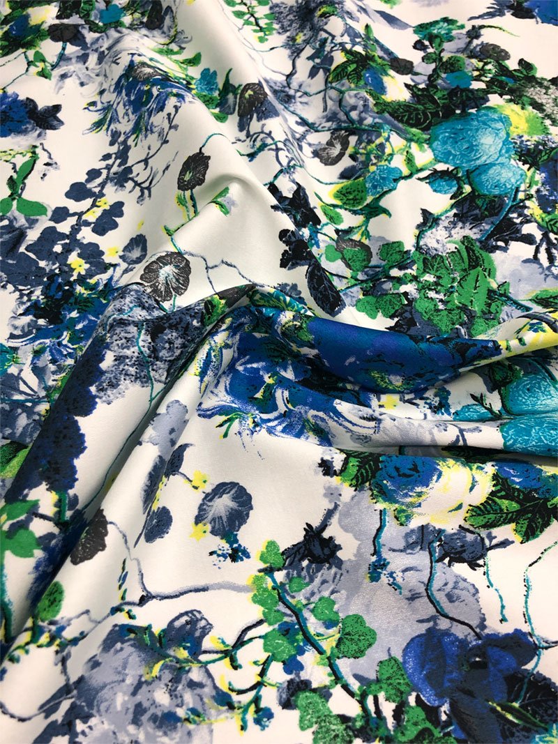 Floral Stretch Cotton Sateen - Blue/White/Green