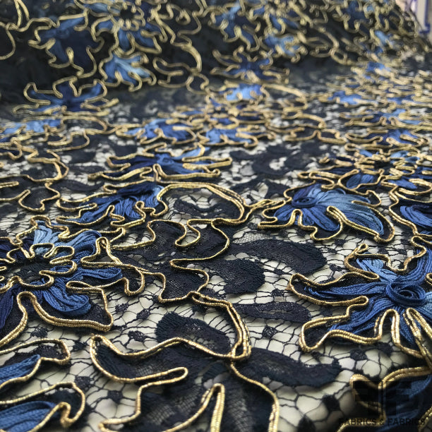 Textured Floral Embroidered Lace - Navy/Gold