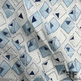 Italian Geometric Embroidered Linen - White/Blue