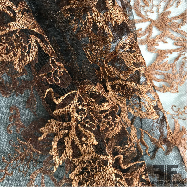 Copper/Black Floral Embroidered Netting Fabrics & Fabrics