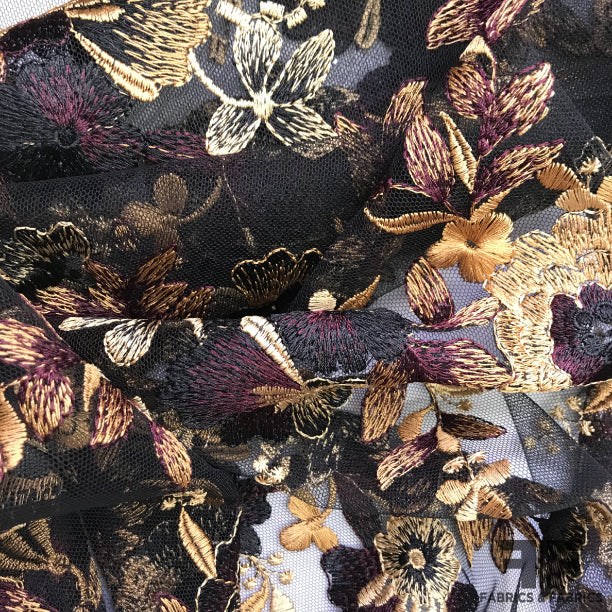 Purple/Black/Gold Blooming Floral Embroidered Netting - Fabrics & Fabrics