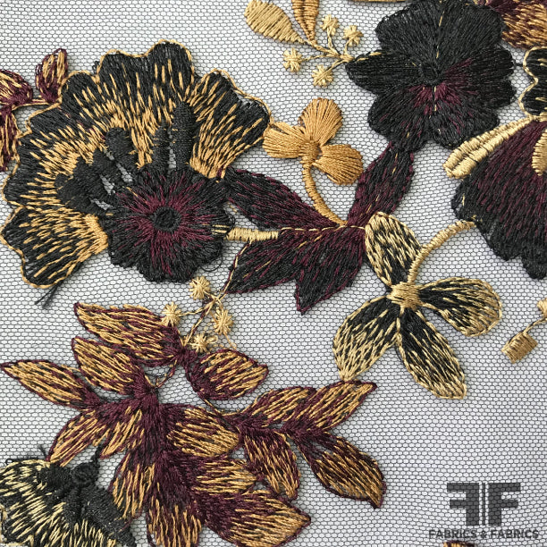 Blooming Floral Embroidered Netting - Purple/Black/Gold - Fabrics & Fabrics NY