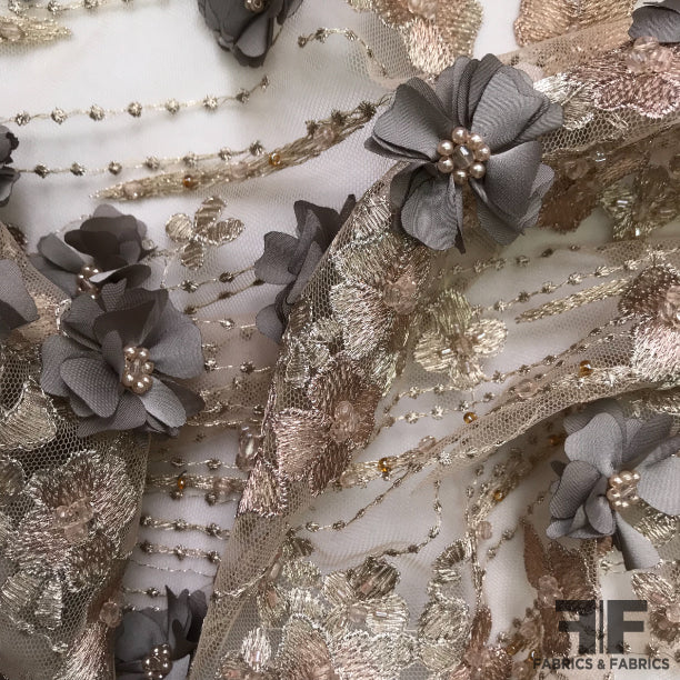 Taupe/Grey 3D Floral Embroidered/Beaded Netting Fabrics & Fabrics