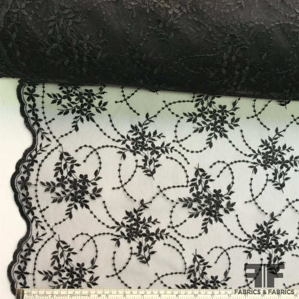 Black Embroidered Floral & Vine Netting - Fabrics & Fabrics