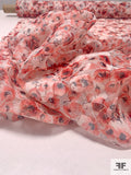 Italian Novelty Printed Silk Organza with Floral Flocking - Red/White