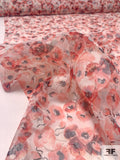 Italian Novelty Printed Silk Organza with Floral Flocking - Red/White