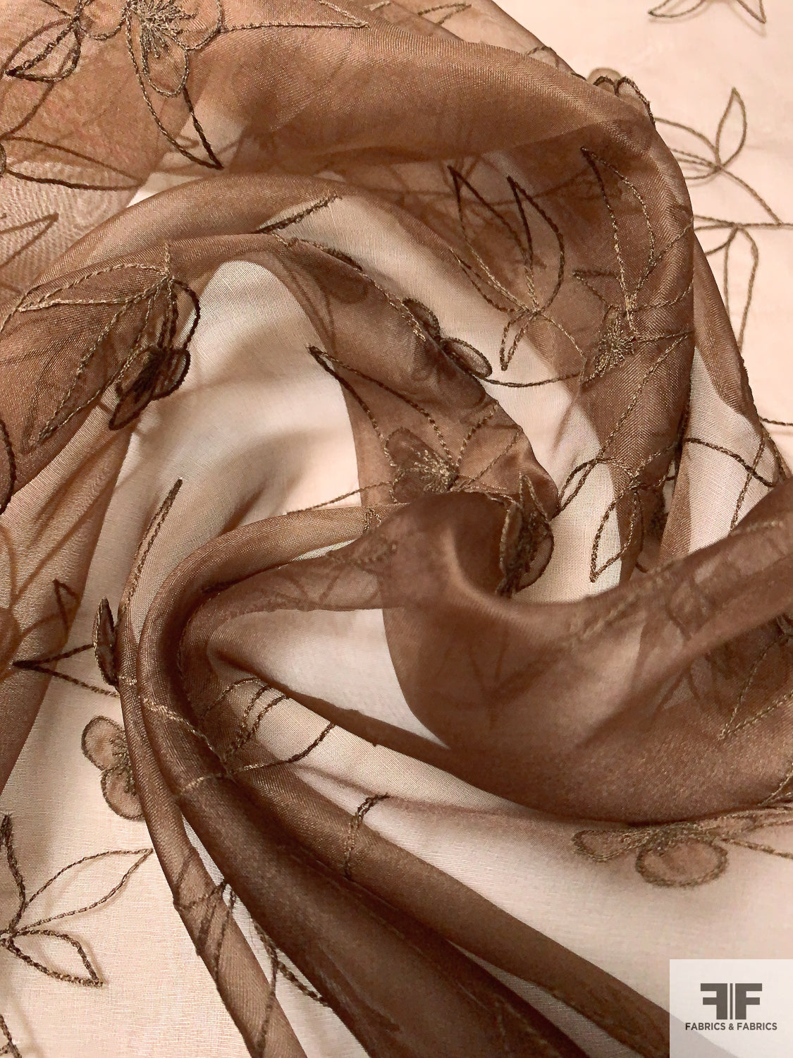 Floral Stems Embroidered Silk Organza - Brown