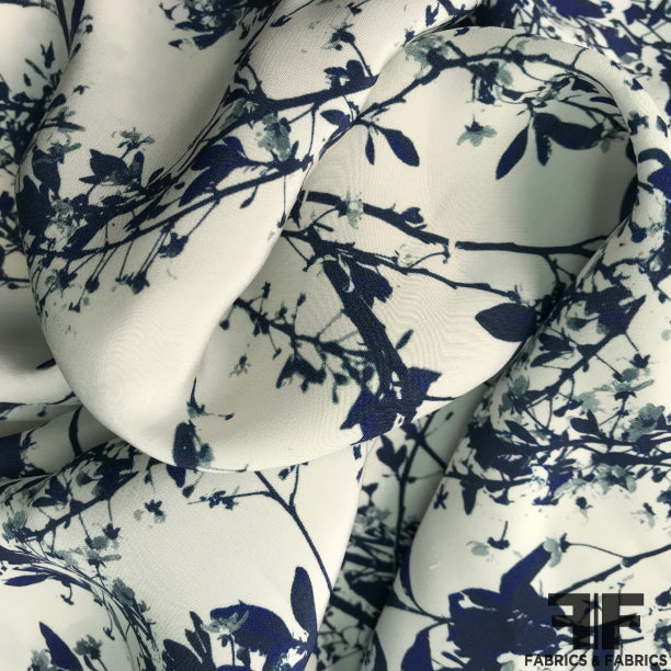Foliage Printed Silk Charmeuse on Matte side - Blue